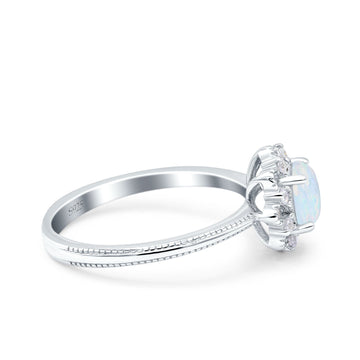 Halo Floral Style Art Deco Round Wedding Engagement Ring Lab Created White Opal 925 Sterling Silver